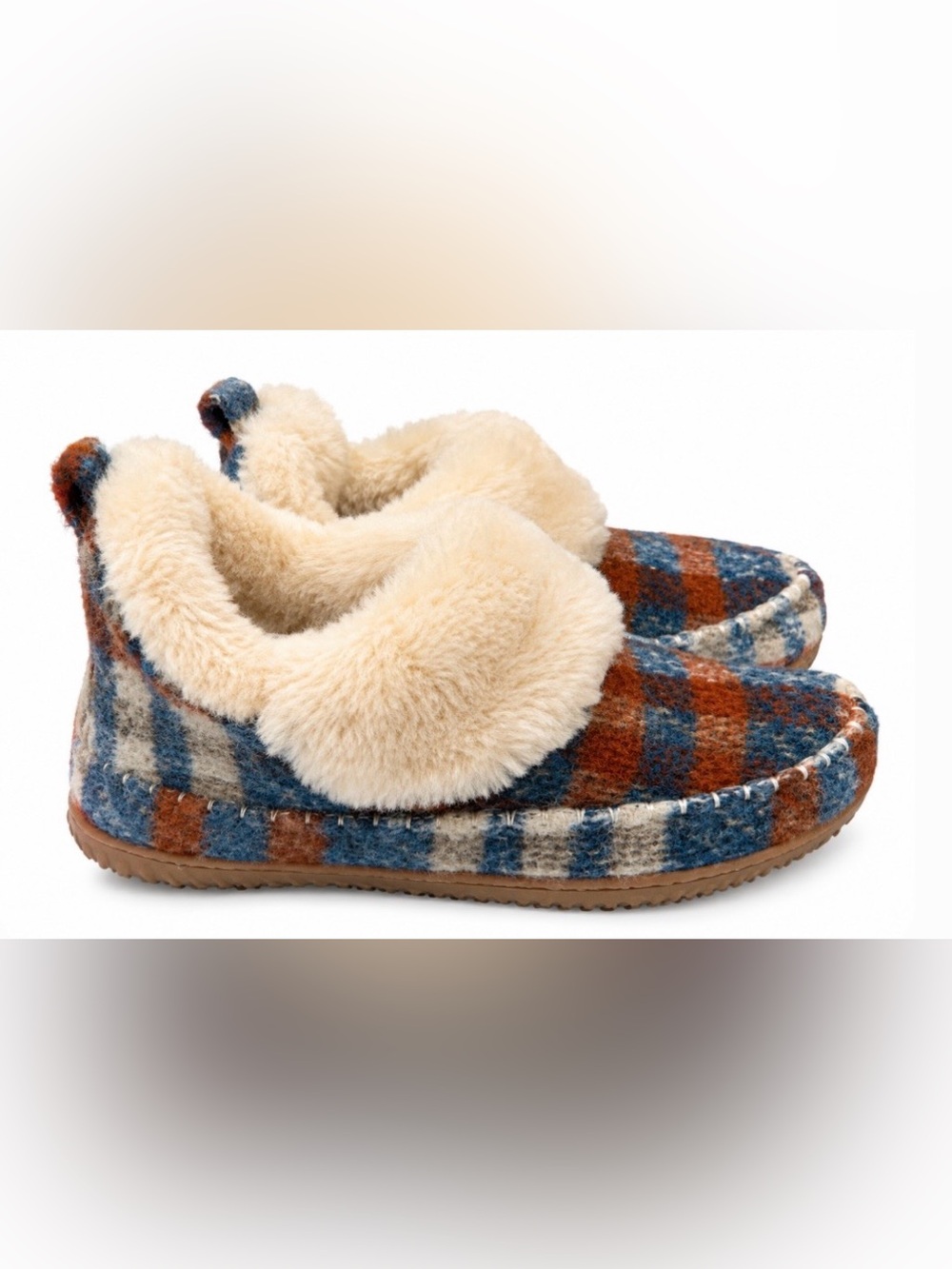 Dearforms Blue and Brown Plaid Moccasin Slippers with Cream Plush Collar